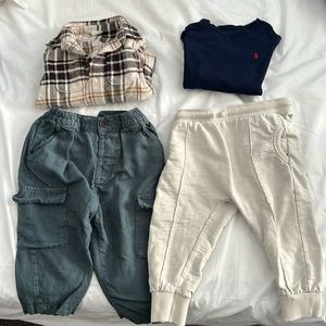 T shirt, button down shirt, two pairs of pants!